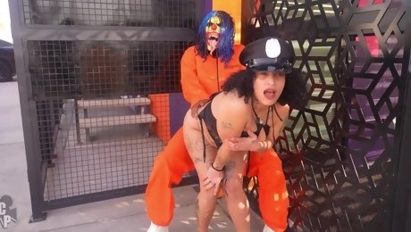 Curvy Policewoman fucked outdoors by BBC clown