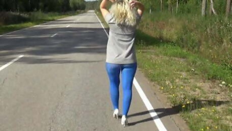My big ass in blue pantyhose on the street